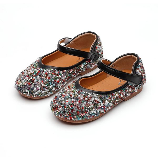 

Girls Leather Shoes 2021 Colorful Sequins Pearl Baby Girl Shoes Flat Heel Kids Princess Shoes Children Party SXY014, Sz358white