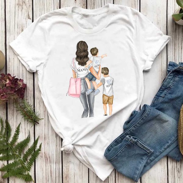 Mulheres t - shirts Roupa de manga curta menino filho mãe mãe mamãe desenhos animados impressão gráfico t top camisa feminina t-shirt x0527