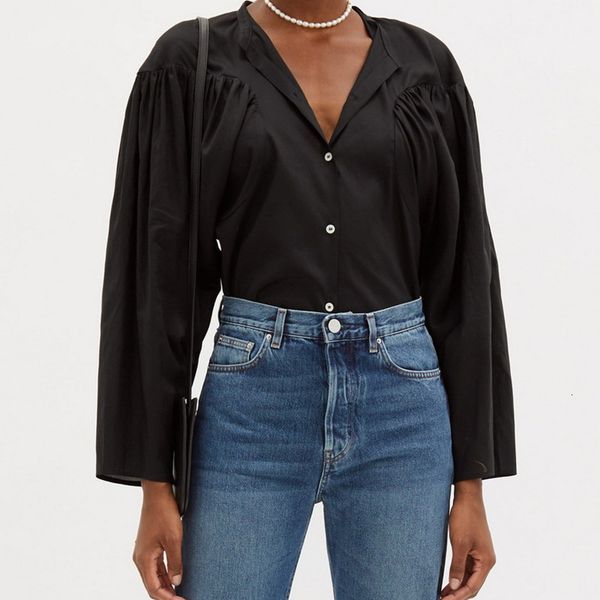 

2021 new camisa plissada solta feminina manga longa costura branco ou preto nico breasted blusa simples s er78, Black