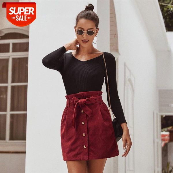 

2020 Women Solid Color Skirt Adults High Waist Corduroy Skirt with Decorative Button Belt Pocket Half Sexy Fashionable Dynamic #Tn5V, Black