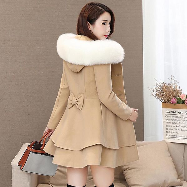 

women's wool & blends a line cashmere coat with fur hooded autumn winter bow knot slim solid double breasted ladies woolen jacket overc, Black