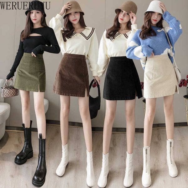 WERUERUYU Frau Cord Rock sexy Mini Vintage Harajuku Röcke Mini Schlitz schlanke hohe Taille gerade Rock Damen koreanischen Stil 210608