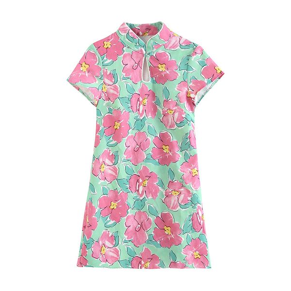 

luxury cheongsam ins blogger flower print improved cheongsam drs 2021 stand collar hollow slim skirt, Blue;red