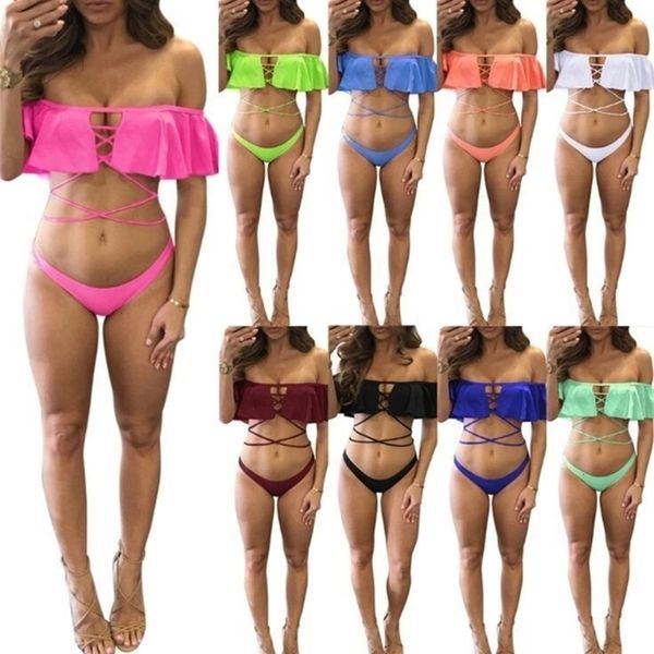 

off shoulder bikini women set 9 colors string hollow out swimwear women bandeau bathing suit 10sets ooa6915