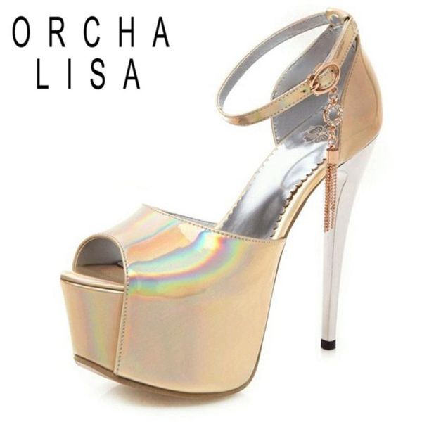 

dress shoes orcha lisa woman shining summer sandals peep toe 15cm thin high heels 5.5cm platforms belt buckle big size 33-48 casual c1824, Black