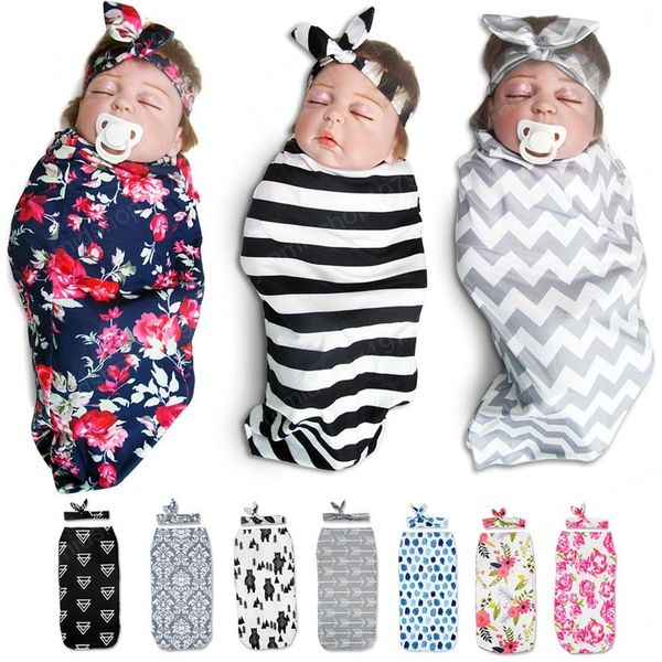 

10 styles toddler infant ins swaddle boys girls bear floral stripe arrow blanket+bow newborn baby cotton sleep sack 2pcs/set sleeping bags