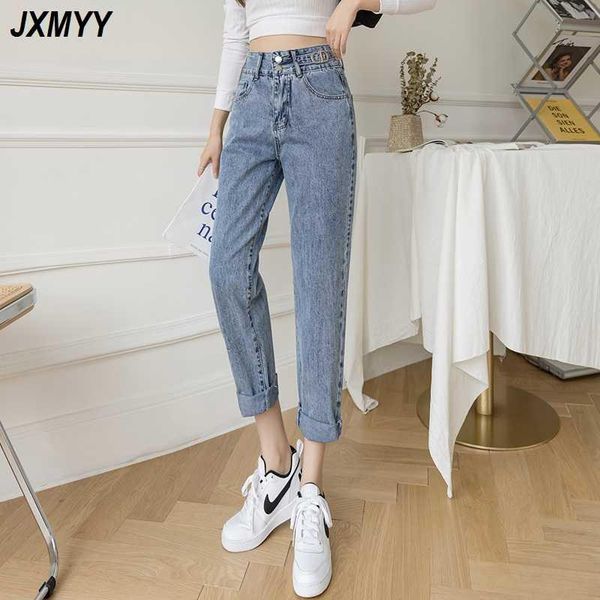 

women's jeans icclek 2021 spring high-waist children's fashion all-match straight loose nine-point daddy harem pants summer thi, Blue