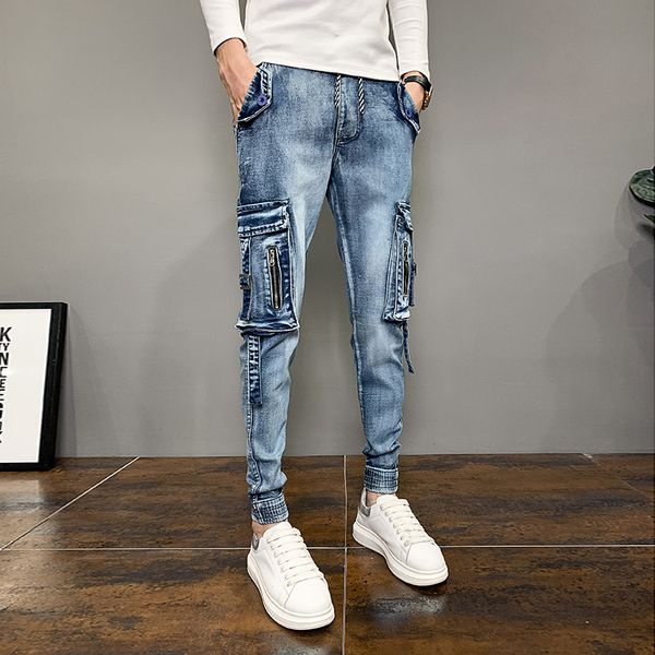 

new korean blue men's breeches fashion 2021 thin adjustment of lateral denim brem pants hip hop streetwear 28-36 sale zcl8