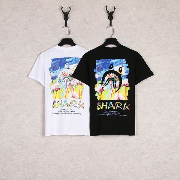 

t shirt brand shark graffiti oil painting short sleeve men's casual, White