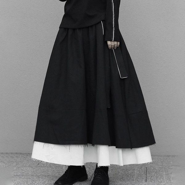 

skirts dark wind double-stitched with fur belt large pleated skirt high waist long vestidos female casual plus size faldas saia, Black