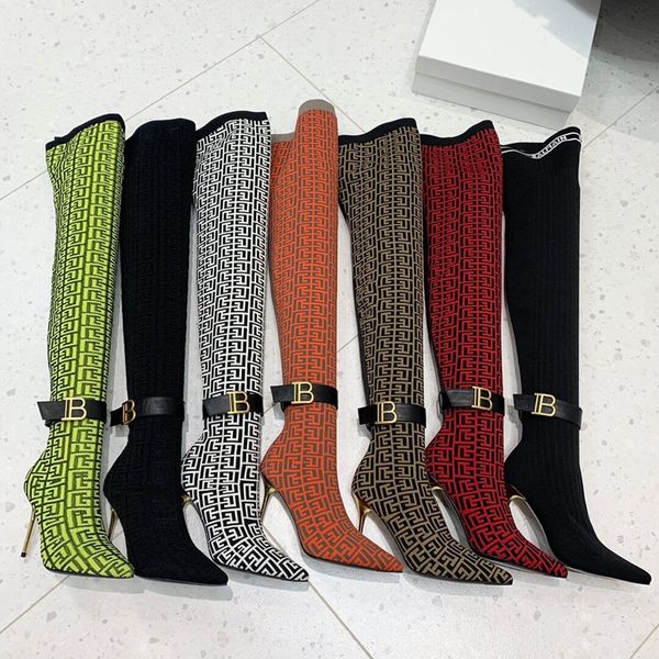 

new luxury designer womens high stiletto heel ankle stretchy boot pointed toe sock style over knee winter fashion long boots knitting slim r, Black