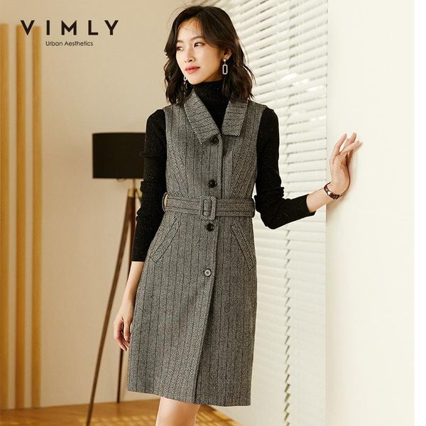 

vimly women's vest dress fashion striped single breasted pockets wool dresses winter female vestidos office lady work wear f3665, Black;gray