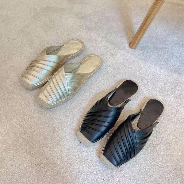 

slippers women's mules flats weave soles genuine leather slides summer beach chic shoes fashion designer woman shoe, Black