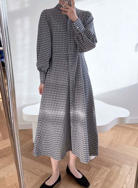 

new 2021 vero xadrez gola solta estilo vintage feminino maxi vestido elegante roupas femininas vestidos uzk4, Black;gray