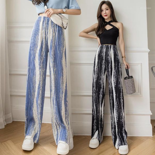 

chic tie dye water ripple loose wide-leg women pants casual high waist pleated trousers ladies summer full women's & capris, Black;white