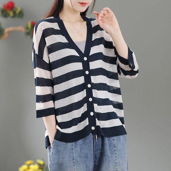 

women's knits & tees 2021 summer retro loose striped ice silk thin knitted cardigan 3/4 sleeves sunscreen air-conditioning blouse aq522, White
