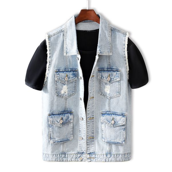 

2021 new fashion streetwear multi pockets overalls ripped denim vest men coats sleeveless hip hop chaqueta hombre rkdx, Black;white