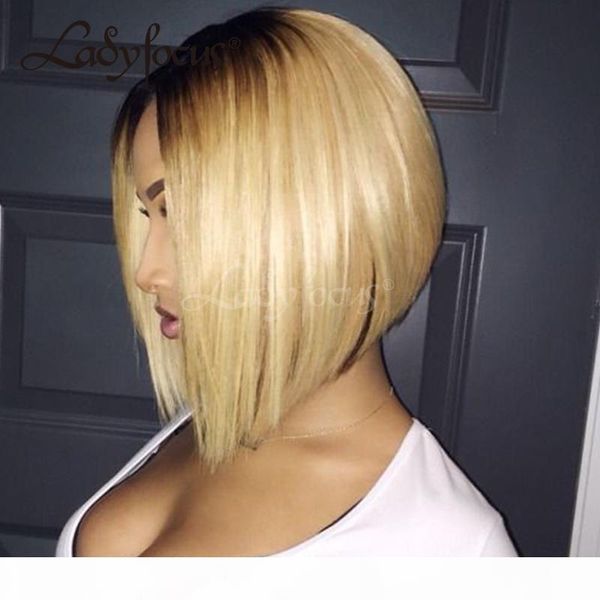 

1b blonde full lace human hair wigs dark roots 1b 613 lace front wig two tone bob wig for black women, Black;brown