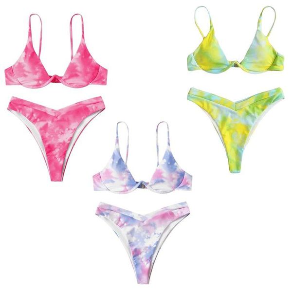 

women brazilian bikini set gradient tie-dye push up underwire bathing suit