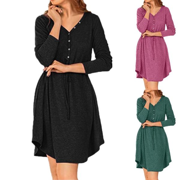

casual dresses women autumn fashion solid color long sleeve v-neck knitted tunic knee-length dress office lady sashes a-line, Black;gray
