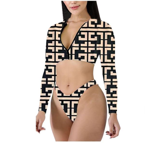 

women's swimwear fashion women two pieces stripe print swimsuit with long sleeves deep v-neck bikini swimming beachwear, White;black