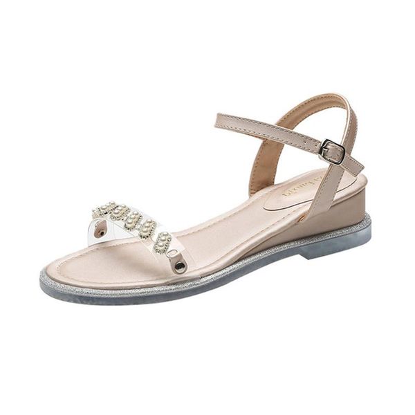 

sandals women's shoes 2021 summer fairy style pearl word belt buckle beach open toe roman tide, Black