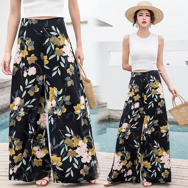 

women's pants & capris 2021 vintage bohemian wide-leg high waist large wide leg trousers seaside holiday mopping, Black;white