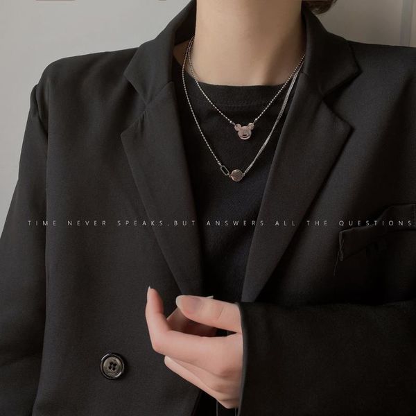 

pendant necklaces simple titanium steel necklace female korean cute cartoon college style letters animal double layer collarbone chain, Silver
