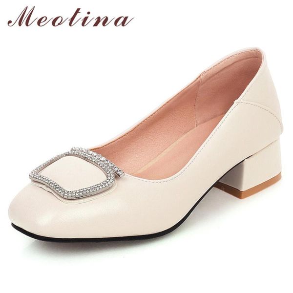 

dress shoes meotina high heels women pumps rhinestone chunky elegant slip on square toe ladies spring plus size 33-43, Black