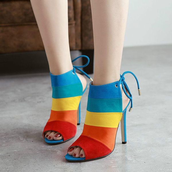 

2021 fashion women's cool boots open toe color stripes slim super high heels plus size, Black