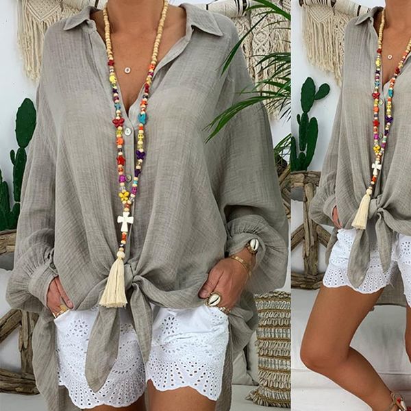 

long sleeve cotton linen blouses shirts button solid loose female tunic casual v neck plus size autumn cardigan womens blouses, White