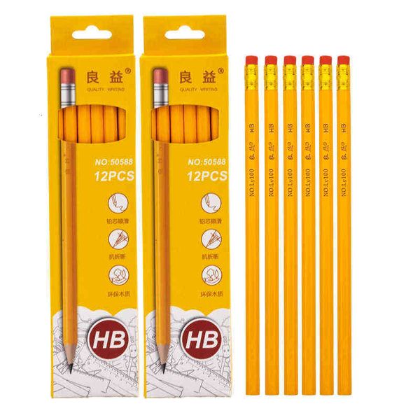 

luxury pencils hb hexagon student yellow wooden pencil with eraser head boxed