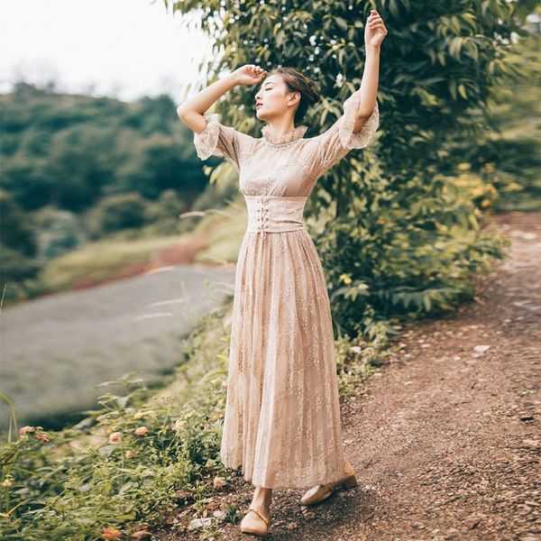 

casual dresses 2021 autumn women dress elegant swing hem stand collar closed waist long sleeve vintage retro tunic vestidos, Black;gray