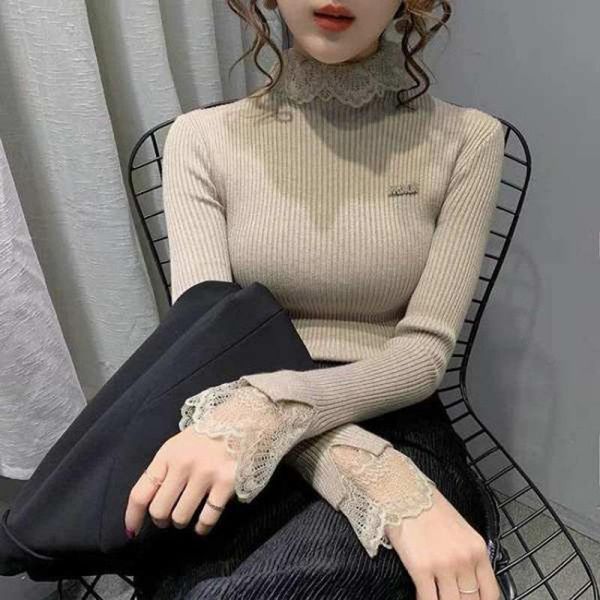 

women's sweaters women sweater solid color lace trim thickening inside long sleeve half-high slim pullover soft warm knitted ribbed jum, White;black