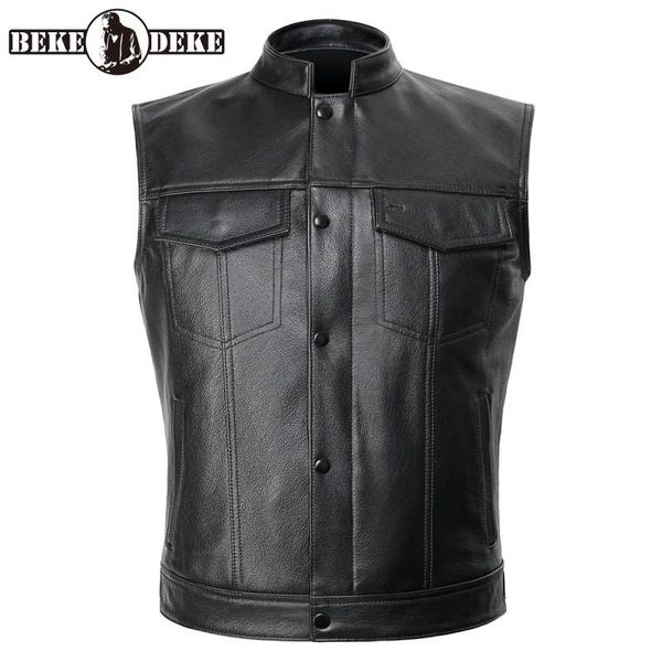 

men's vests plus size 5xl mens moto riding cow leather vest stand collar single breasted biker genuine sleeveless jacket waistcoat, Black;white