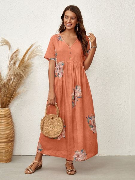 

floral print button detail dress n65d#, Black;gray