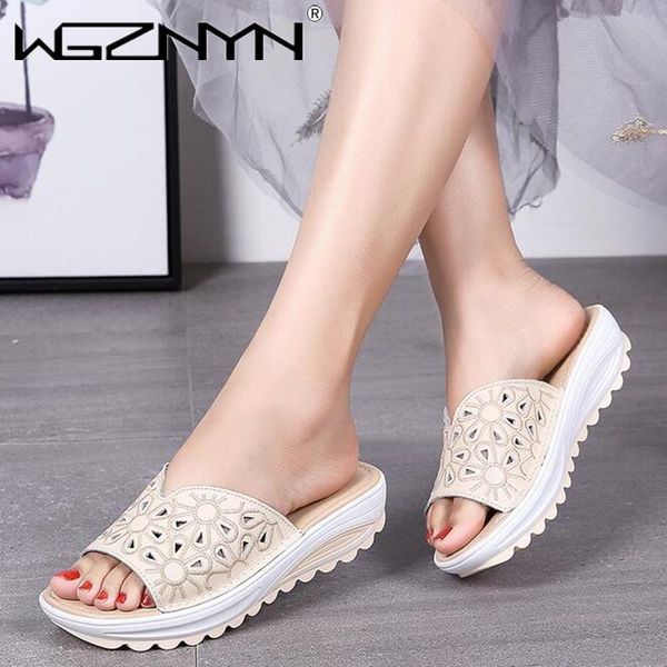 

slippers women cow leather platform wedge lady fish mouth wedges flowers out beach shoes woman thick bohemian w308, Black