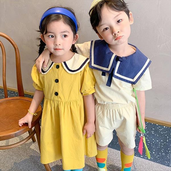 

summer toddler baby girl dress girls sailor collar college wind button korean children princess, Red;yellow