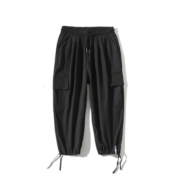 

021 japan harajuku style mode streetwear cropped men's hare book casual elastic taille cargo broek men, Black