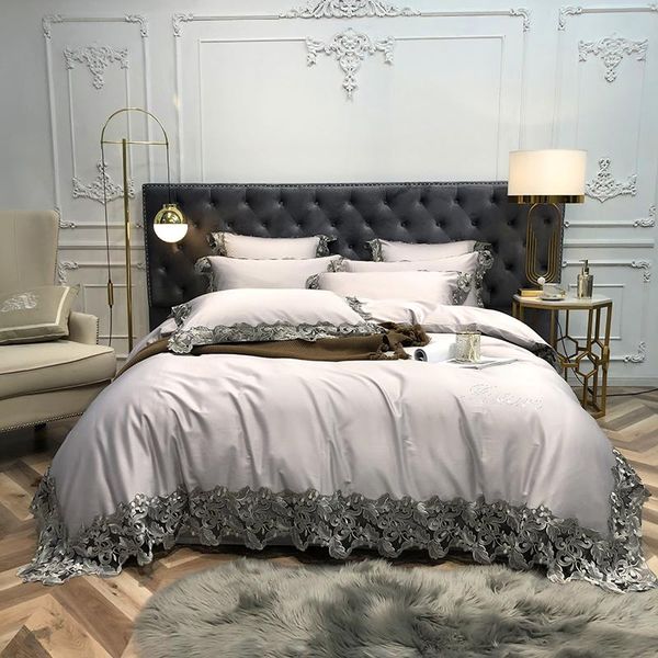 

bedding sets luxury gray pink blue 600tc egyptian cotton set  king lace edge duvet cover bed sheet pillowcases textiles home