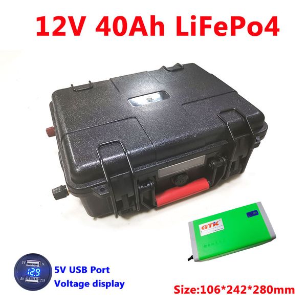 Batteria impermeabile 12V 40Ah LiFepo4 per lampione solare sistema solare moto elettrica UPS energia di accumulo + caricabatterie 5A