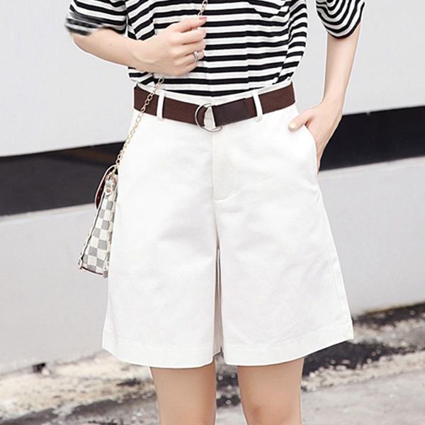 

women's shorts summer korean fashion casual women loose wide leg pantalon femme belt green white high waist female s-xxl, White;black