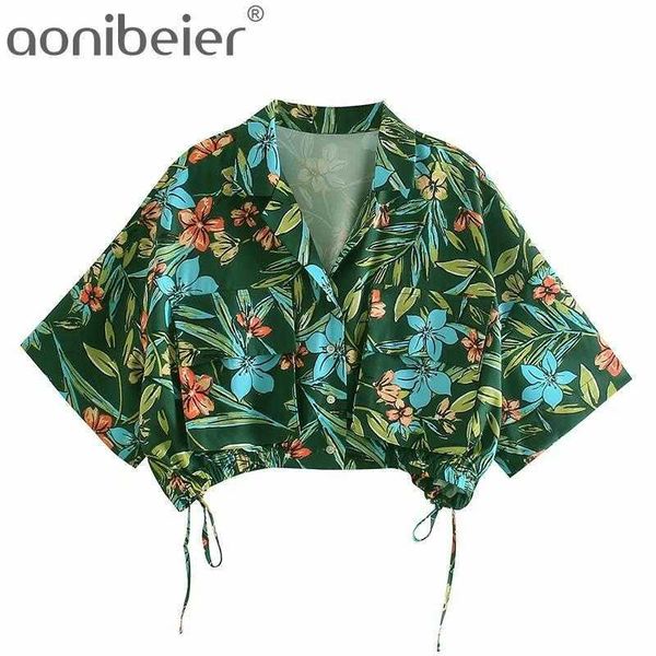 

printed summer casual beach blouses notched collar pockets tie hem women loose shirts female drop shoulder crop 210604, White