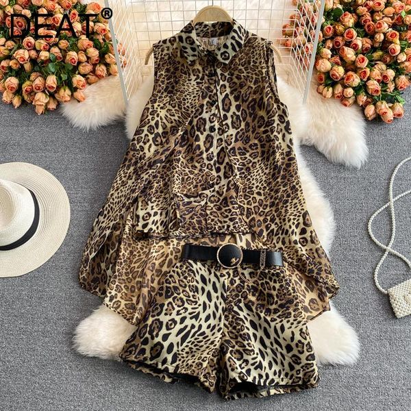 

women's tracksuits deat women lapel sleeveless peopard t-shirt shorts two piece set fashion temperament spring summer 2021 11d1644, Gray