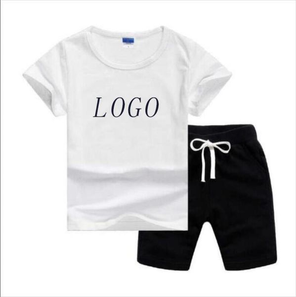 

logo summer designers clothes kids clothing sets short-sleeved t-shirt + shorts round neck two-piece sportswear for boys and girls printing, White
