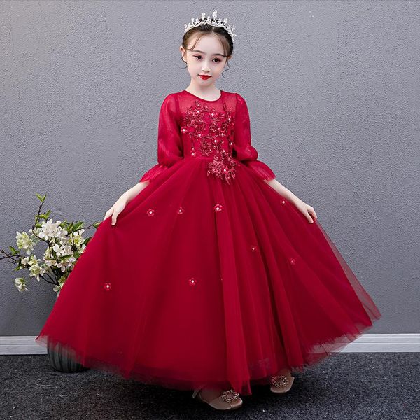 

girl's dresses flower girl dress pearls appliques o-neck three quarter princess crystal beading tulle embroidery sequined kids party go, Red;yellow