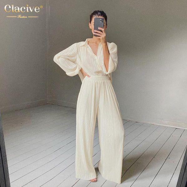 

clacive fashion color home two piece set women casual pleated turn-down collar blouse high waist wide leg pants female women's, White