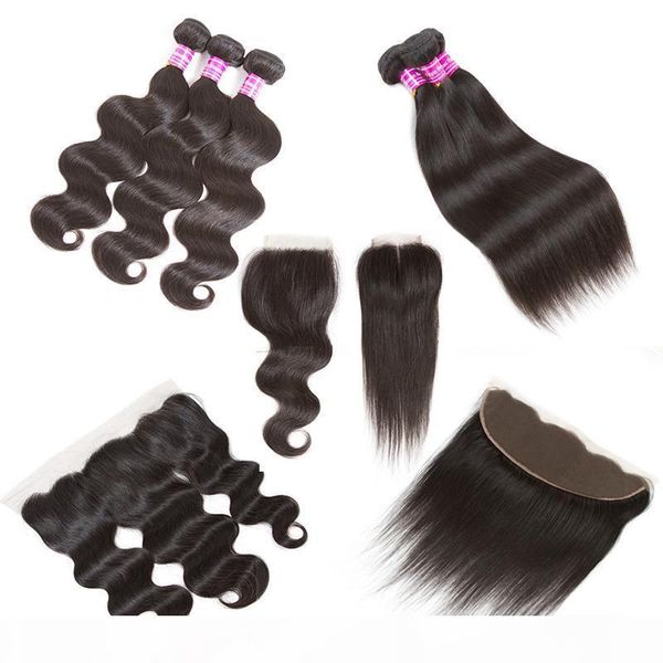 

brazilian virgin hair body wave human hair bundles with closure straight hair wefts with frontal eat to ear natural color ing, Black;brown