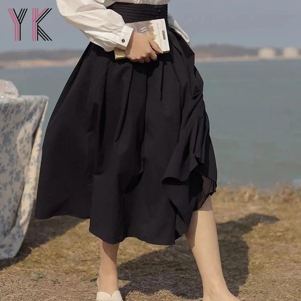 

skirts cotton women spring summer long midi for high waist boho beach elegant female saias streetwear 2021, Black