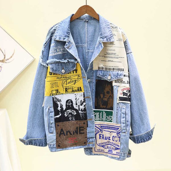 

ewq] vintage full sleeve appliques newspaper pattern large size black denim jacket leisure trend coat autumn new ql14001 201013, Black;brown